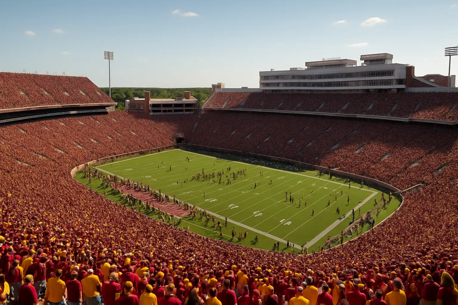 Troy Trojans football fans filling the stands at Veterans Memorial Stadium on a sunny game day