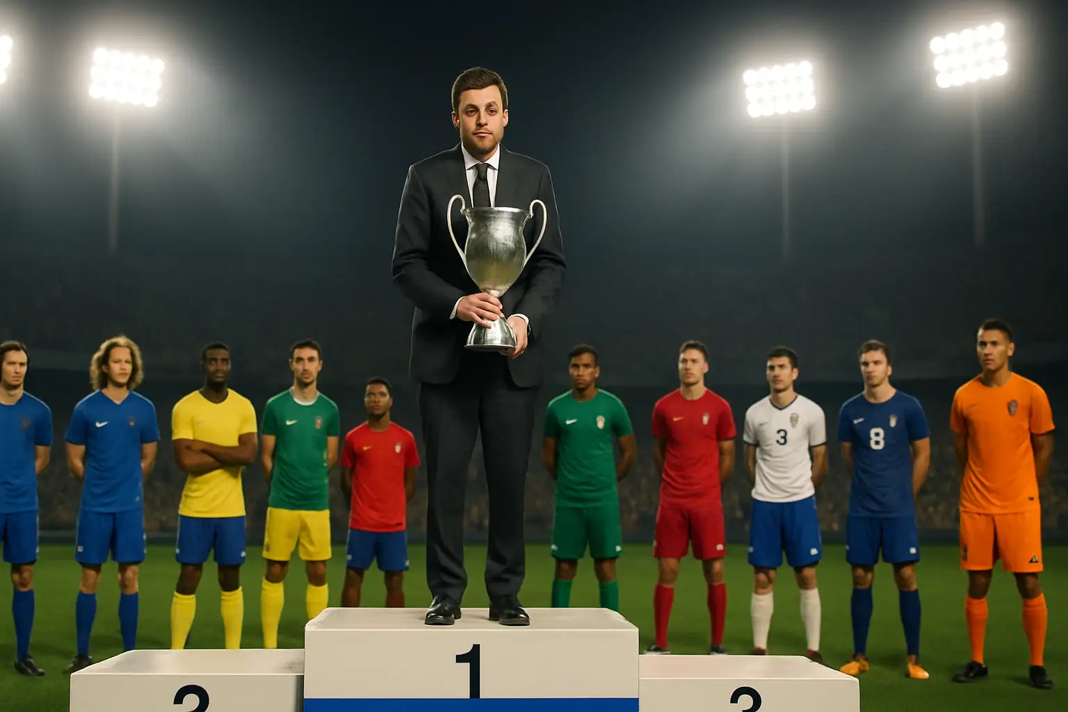 A figure on a large stadium podium holding a golden trophy as a crowd watches from below