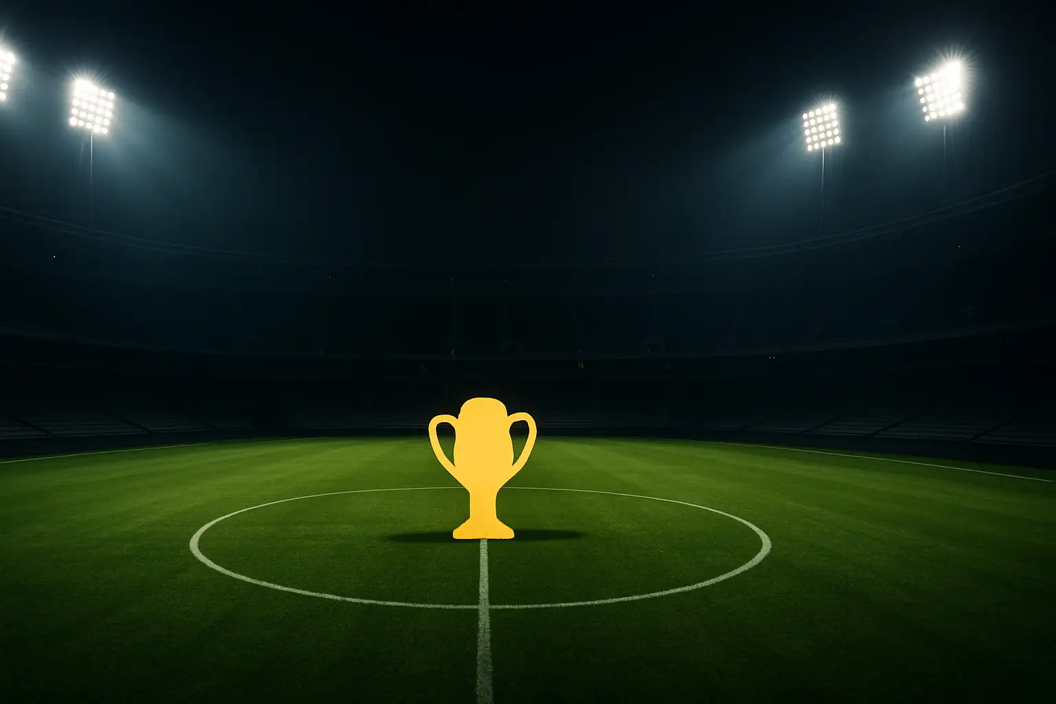 A football stadium filled with fans under bright floodlights with a large trophy silhouette on the pitch