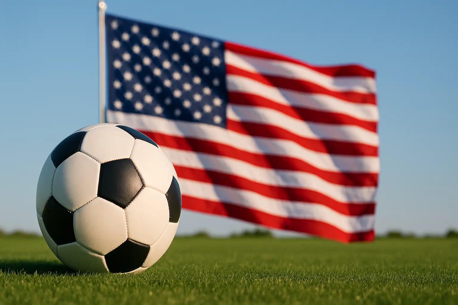 A soccer ball on a grass field with an American flag in the background