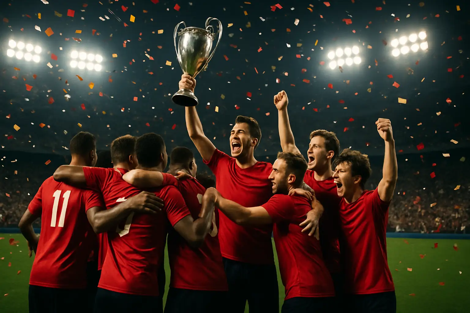 Spain football players celebrating a World Cup victory on the pitch with a crowd of fans in the background