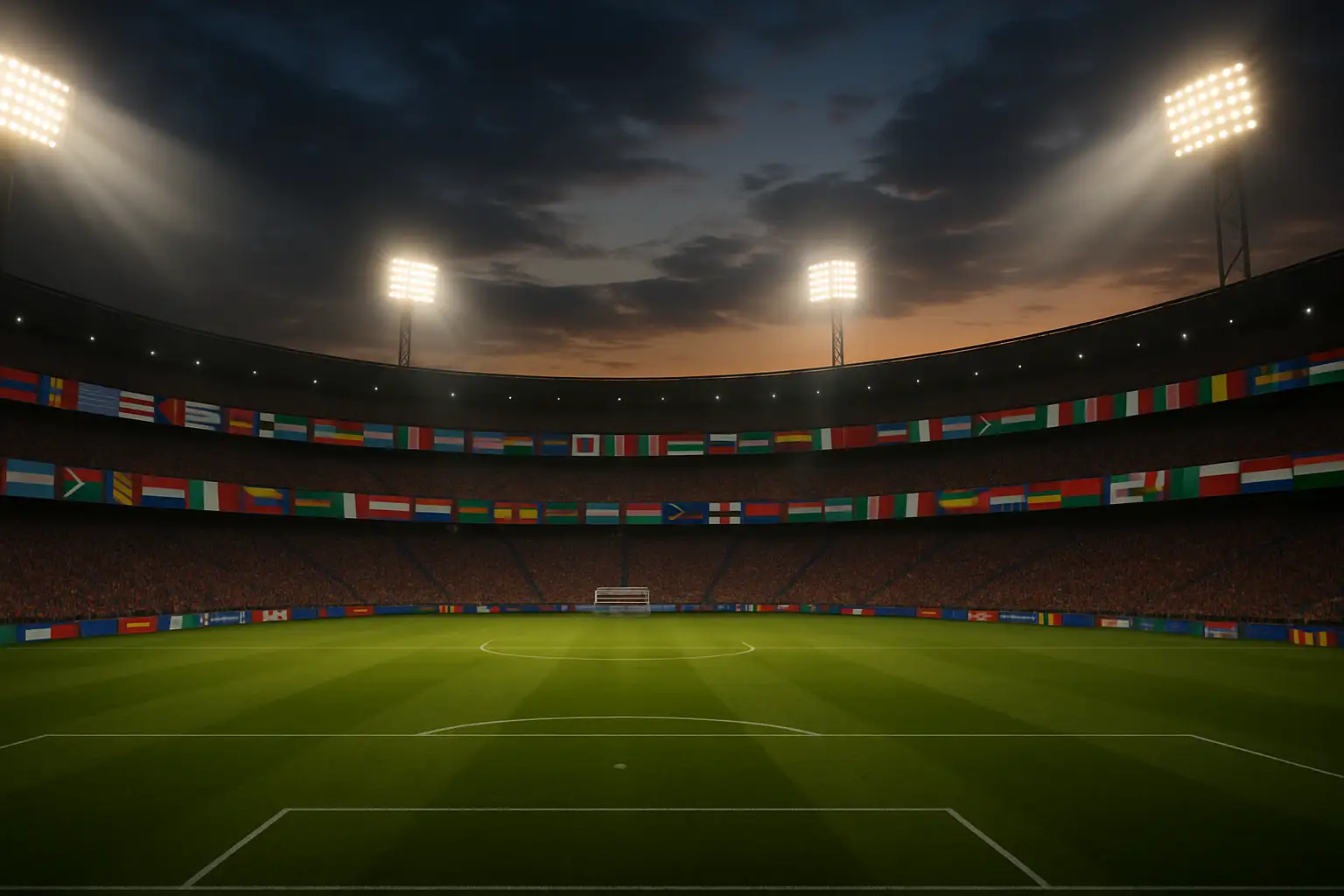 A football stadium illuminated at night with international flags displayed around the perimeter