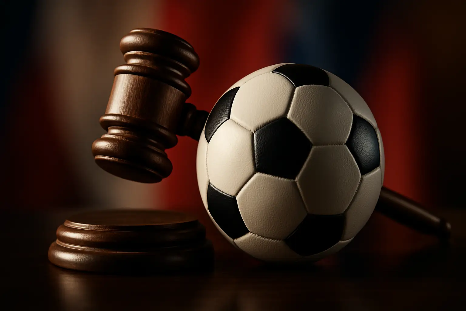 A gavel resting on a football on a polished boardroom table, representing FIFA governance decisions
