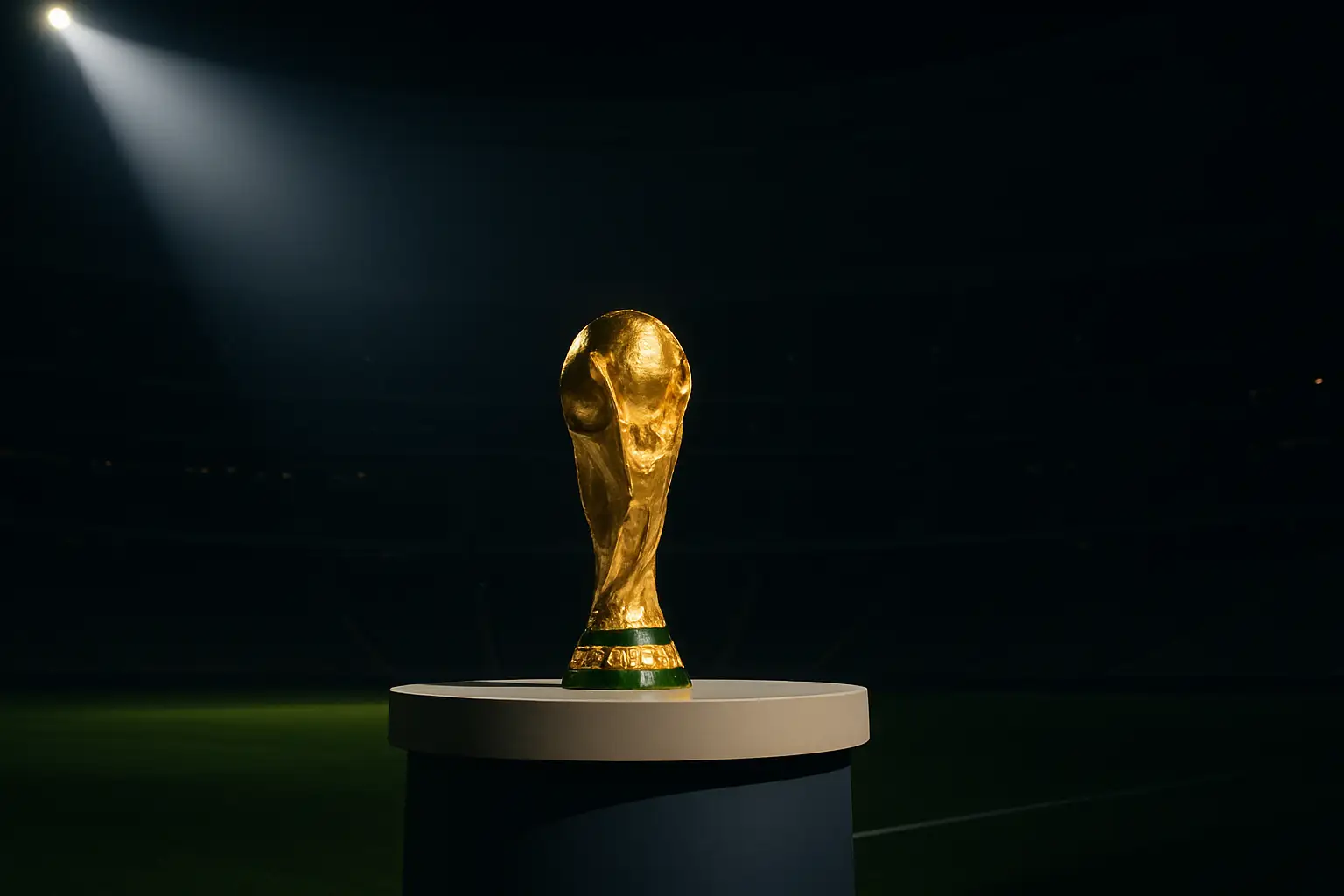 A gleaming FIFA World Cup trophy on a podium under dramatic stadium lighting