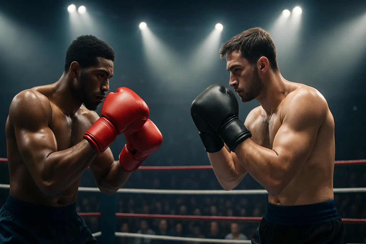 Two boxers squaring off in a floodlit arena before a large crowd