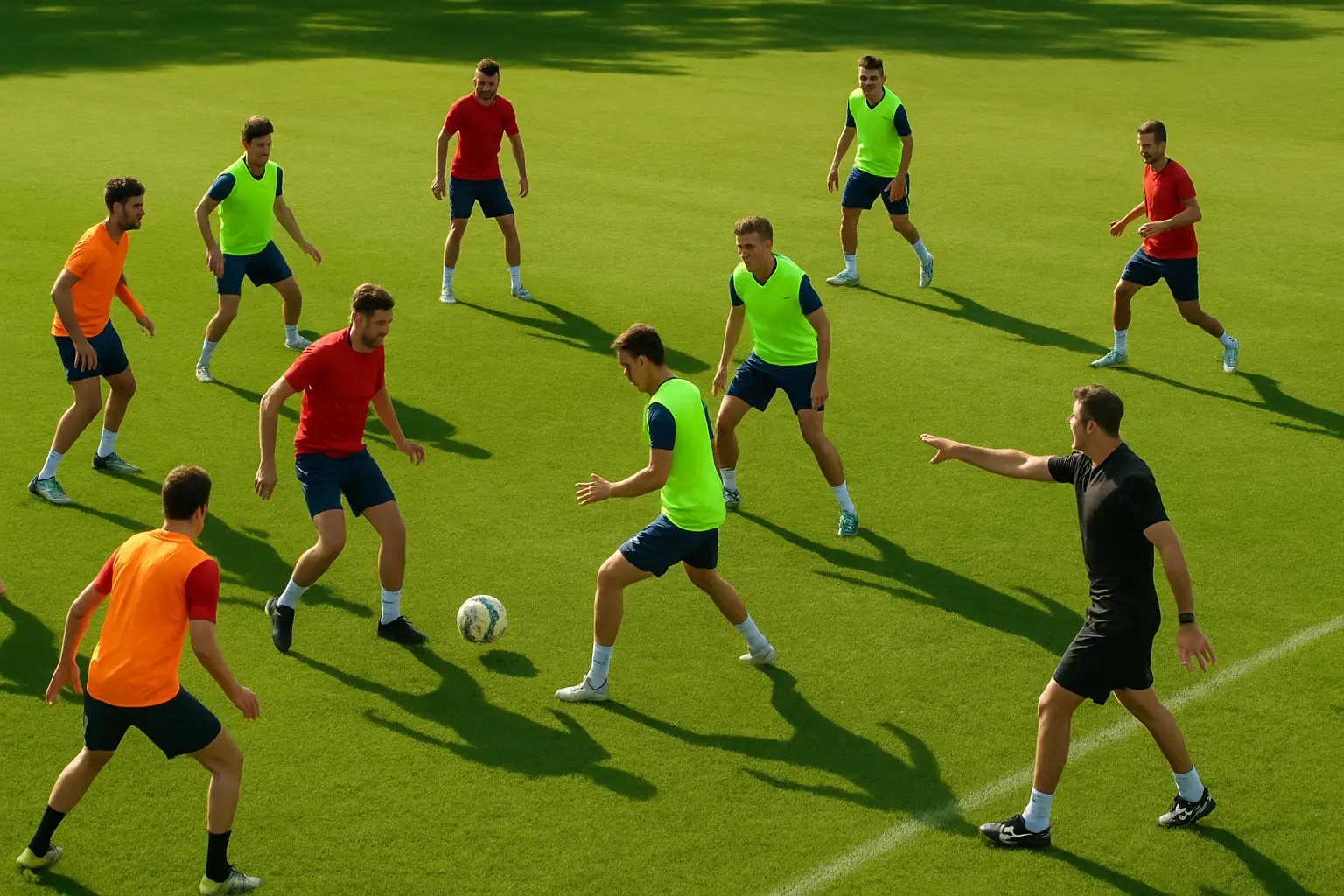 England football players training on a green pitch in bright daylight, coaches watching from the sideline