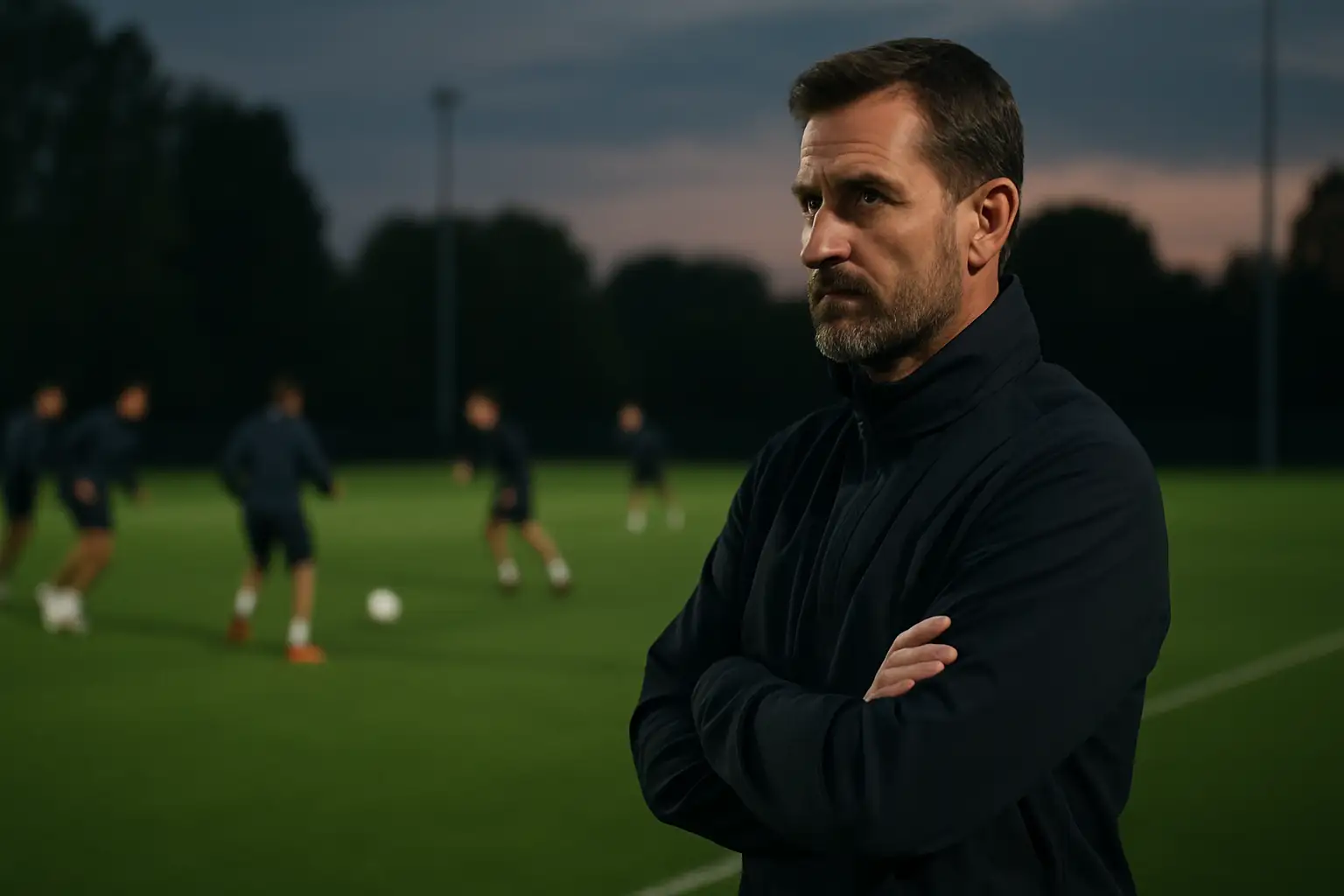 England manager Thomas Tuchel standing calmly on the touchline during a training session