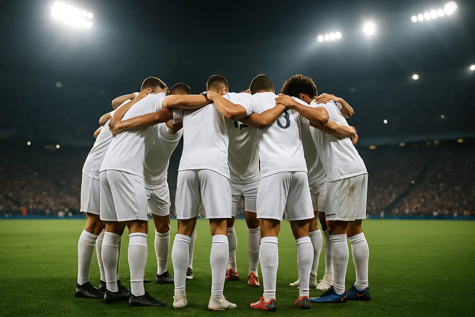 England football players huddled together on a pitch before a major knockout match