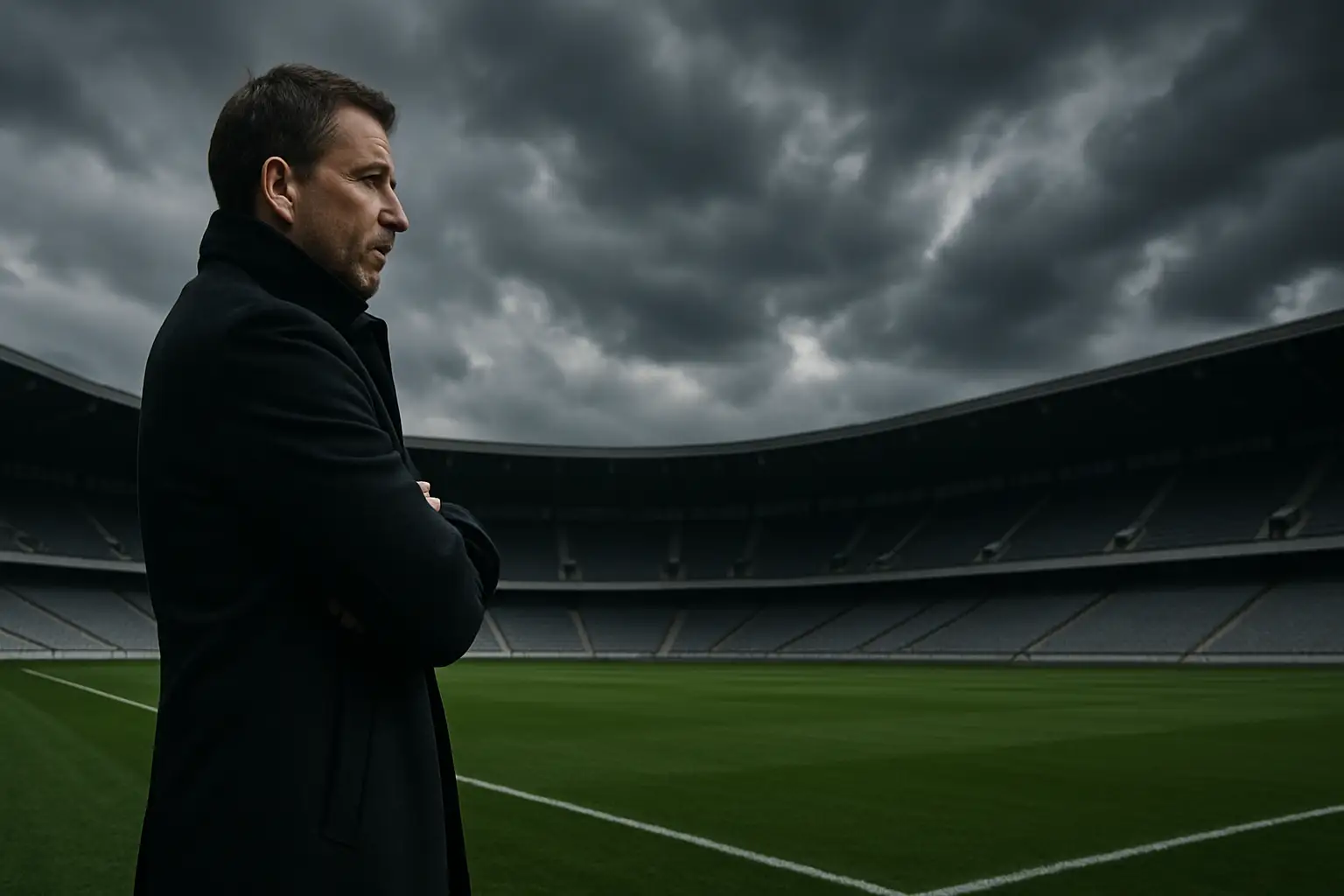 England football manager standing on the touchline looking thoughtful during a match