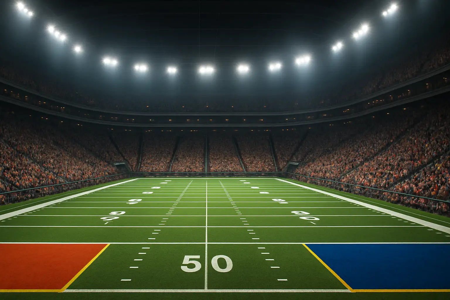 Indoor football arena filled with fans watching a championship game under bright stadium lights