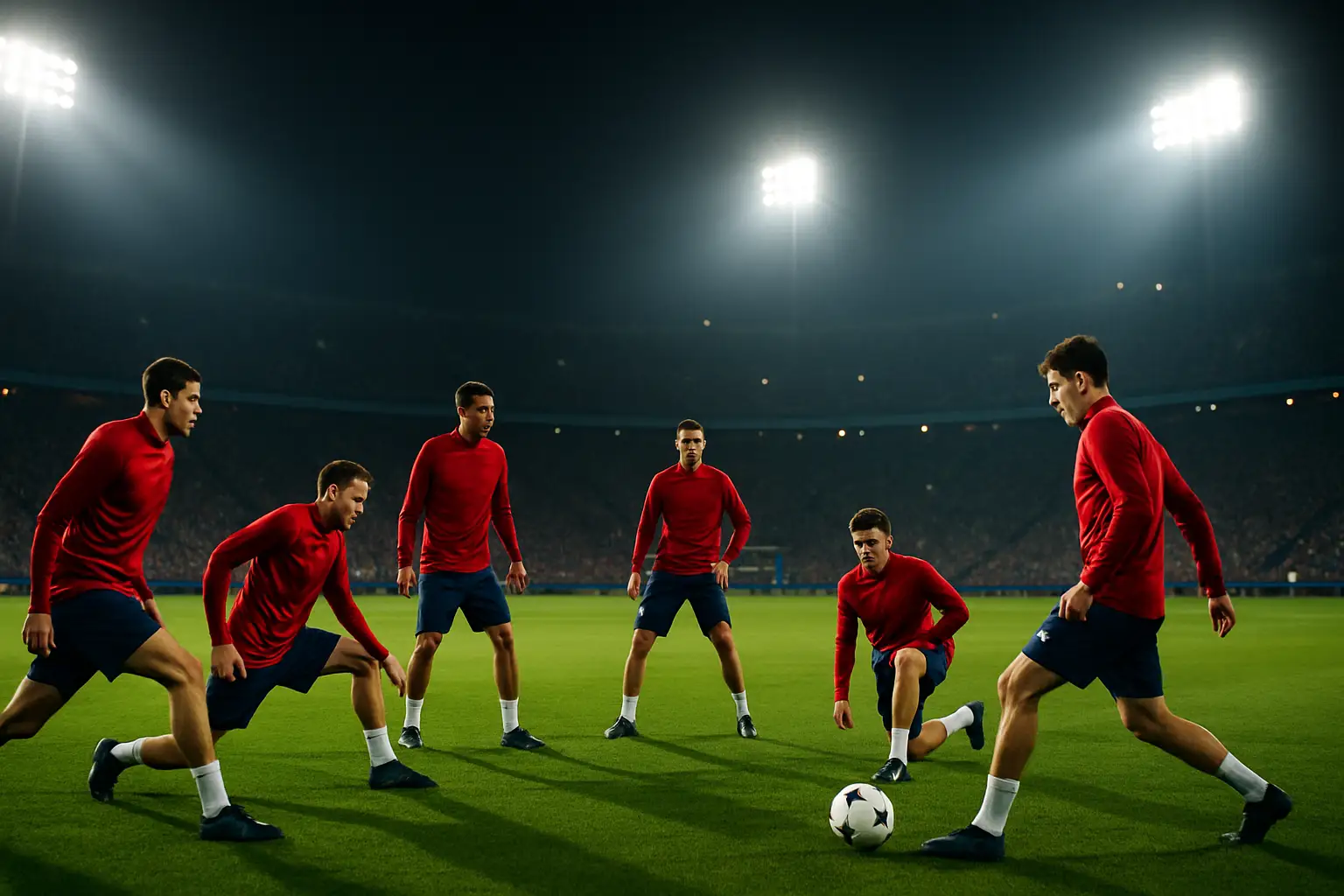 Tunisia football players warming up on a World Cup stadium pitch before a major match