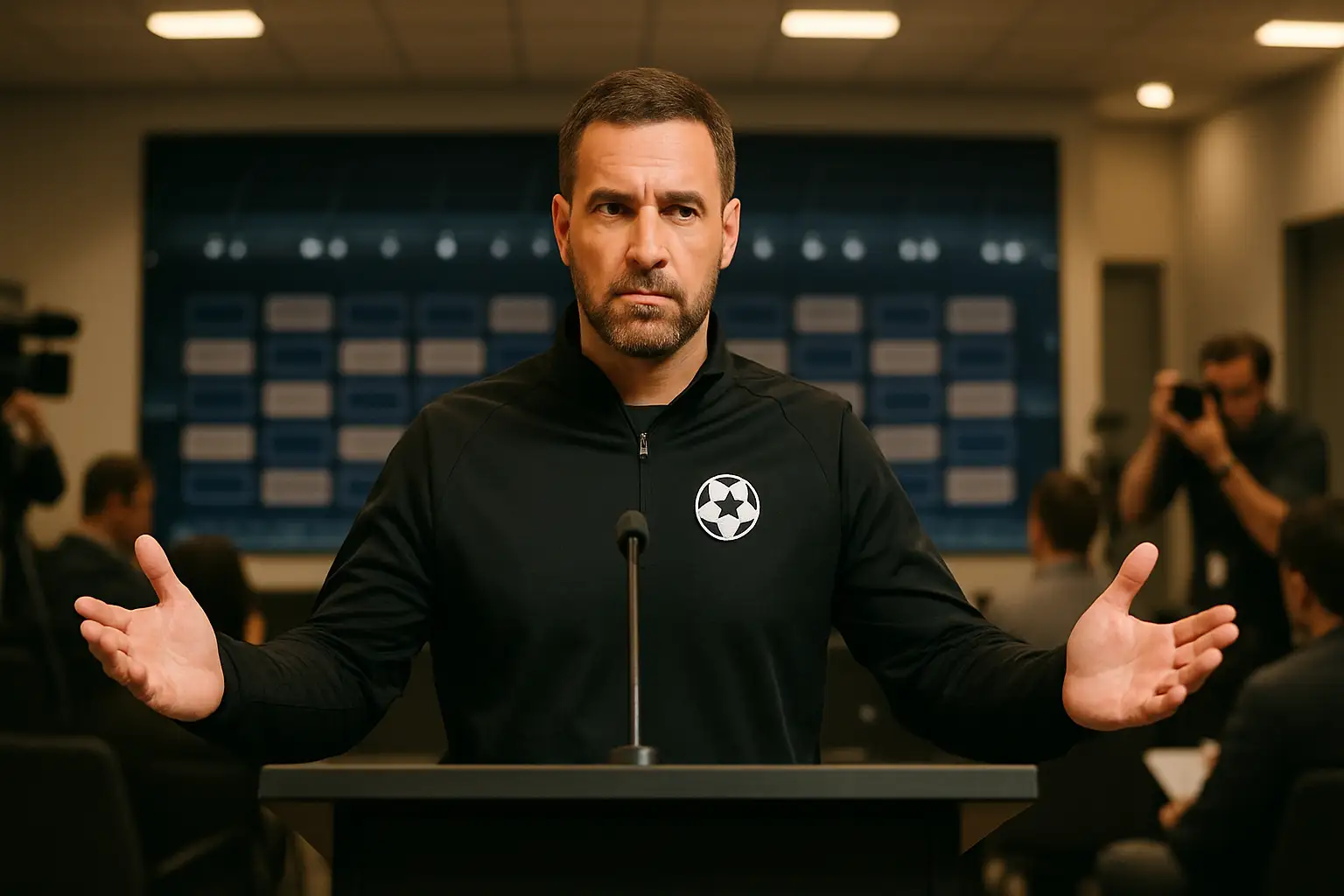 Turkey football coach speaking at a press conference in front of a microphone