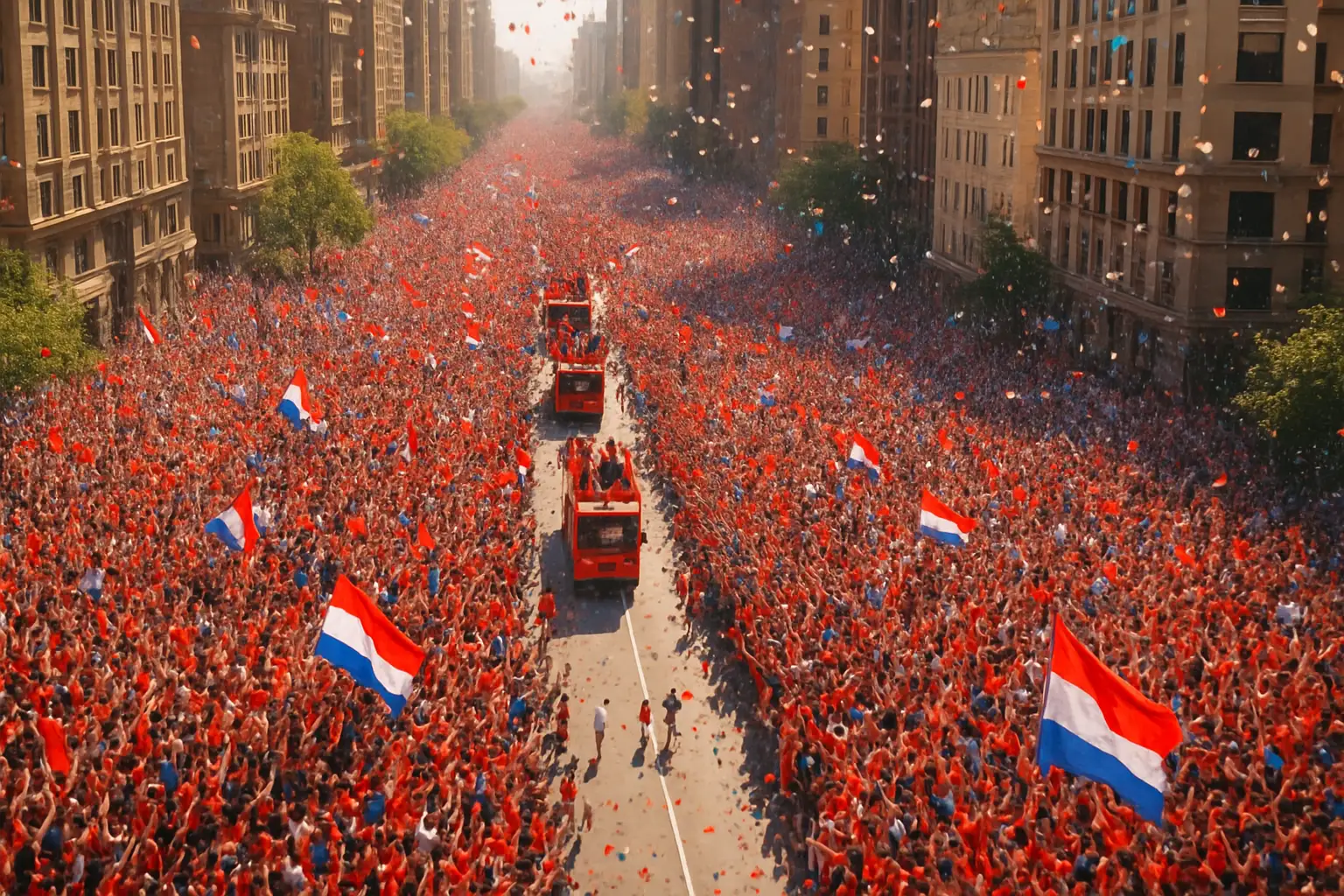 Massive crowd of football fans waving red and yellow flags during a street celebration parade