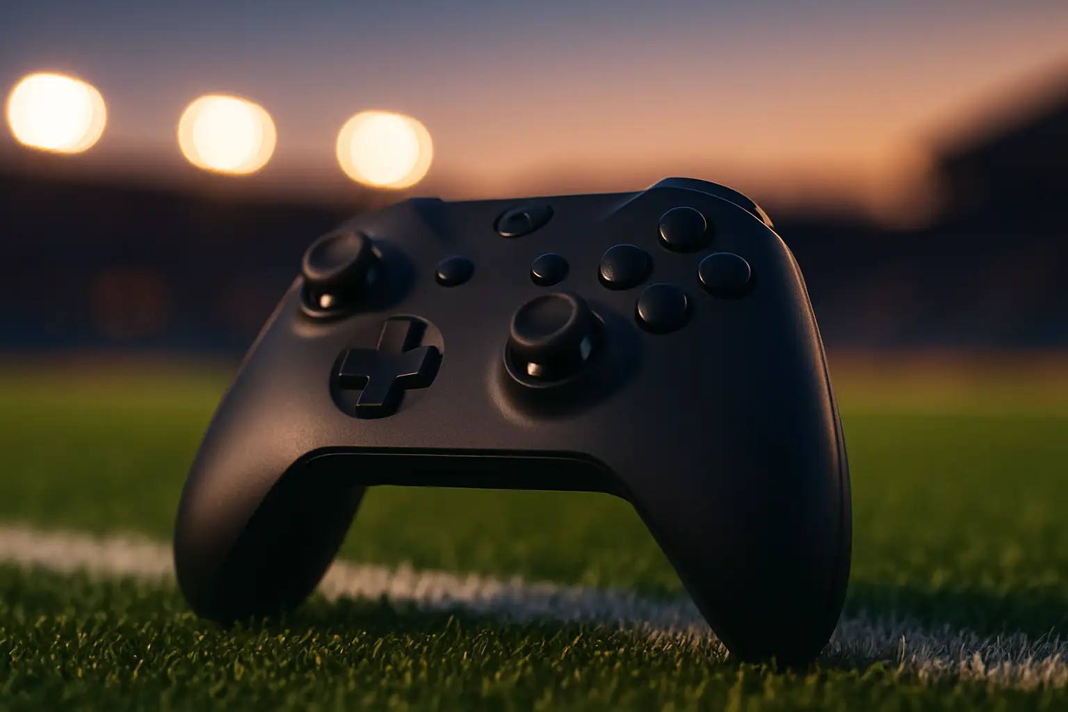 A gaming controller resting on a football field surface with stadium lights glowing in the background