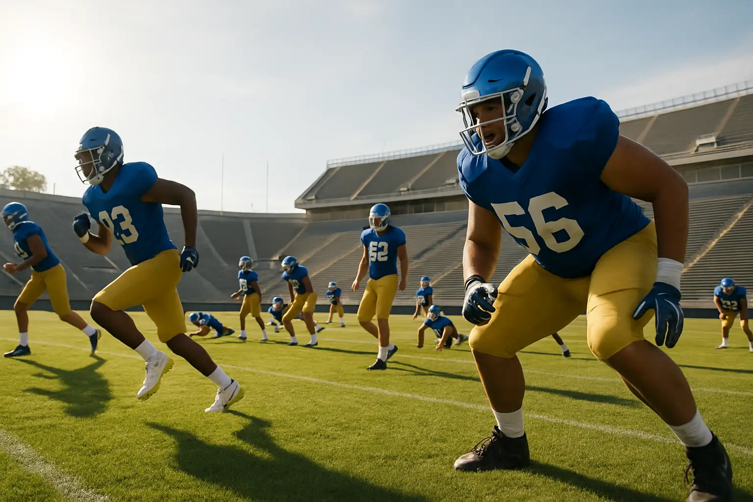 UC Davis Aggies football players in blue and gold uniforms warming up on the field before a game