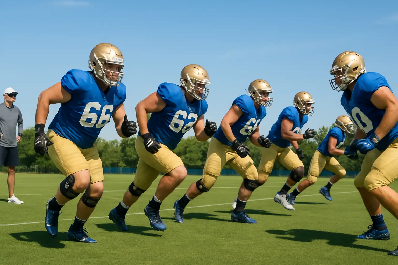 UCLA football players running drills on a sunlit practice field during fall camp