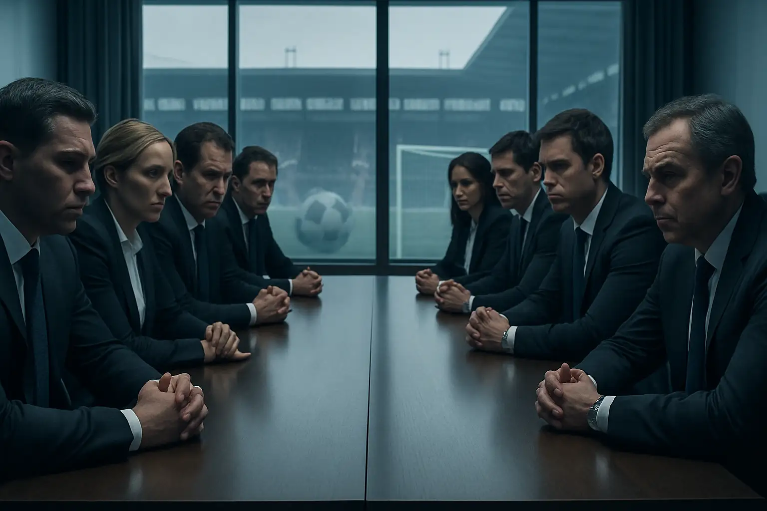 Three football confederation representatives sitting across a table from a FIFA official in a formal meeting room