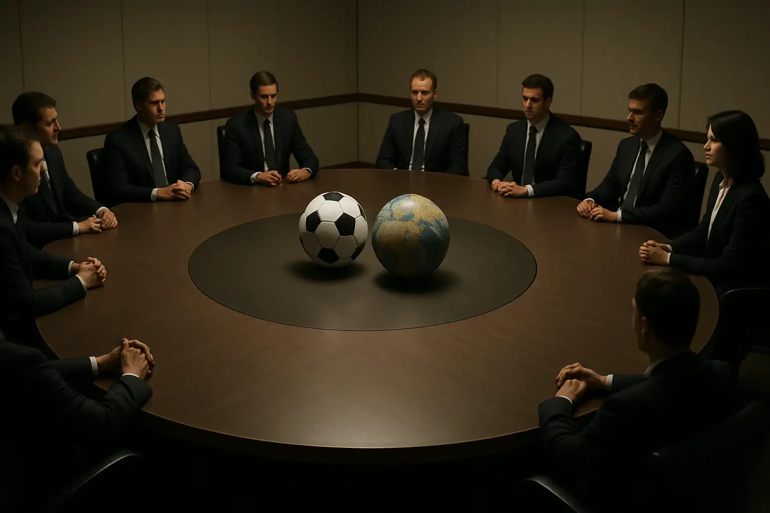 Football officials in a tense boardroom meeting with a globe and football on the table
