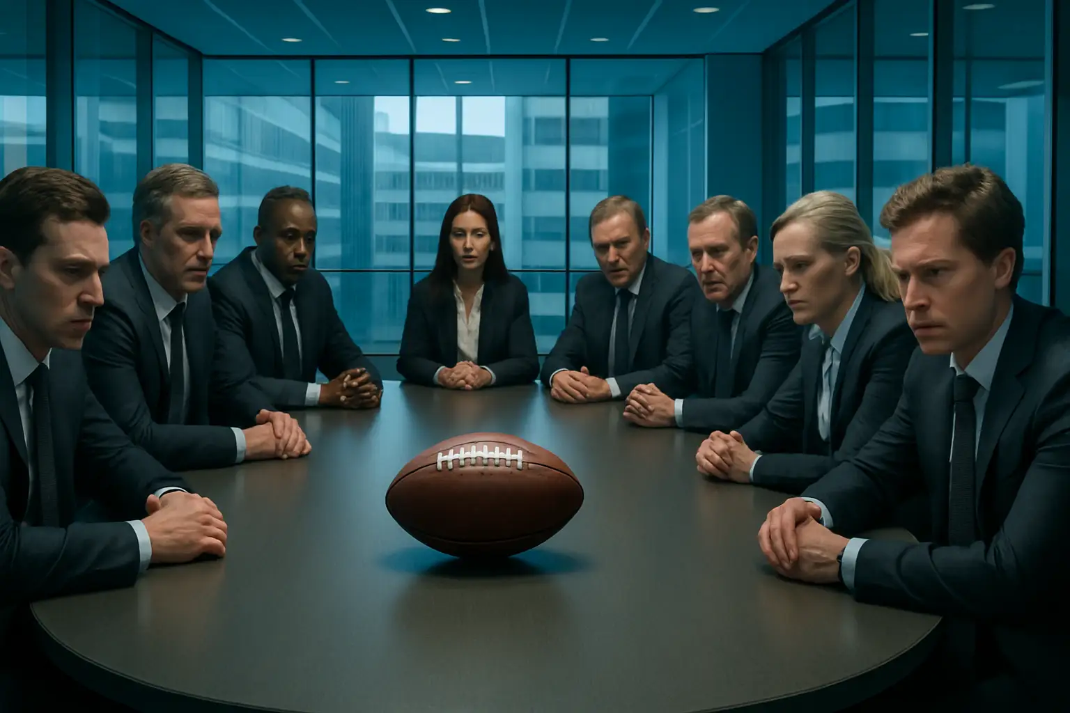 Football administrators in formal attire gathered around a conference table in a tense meeting