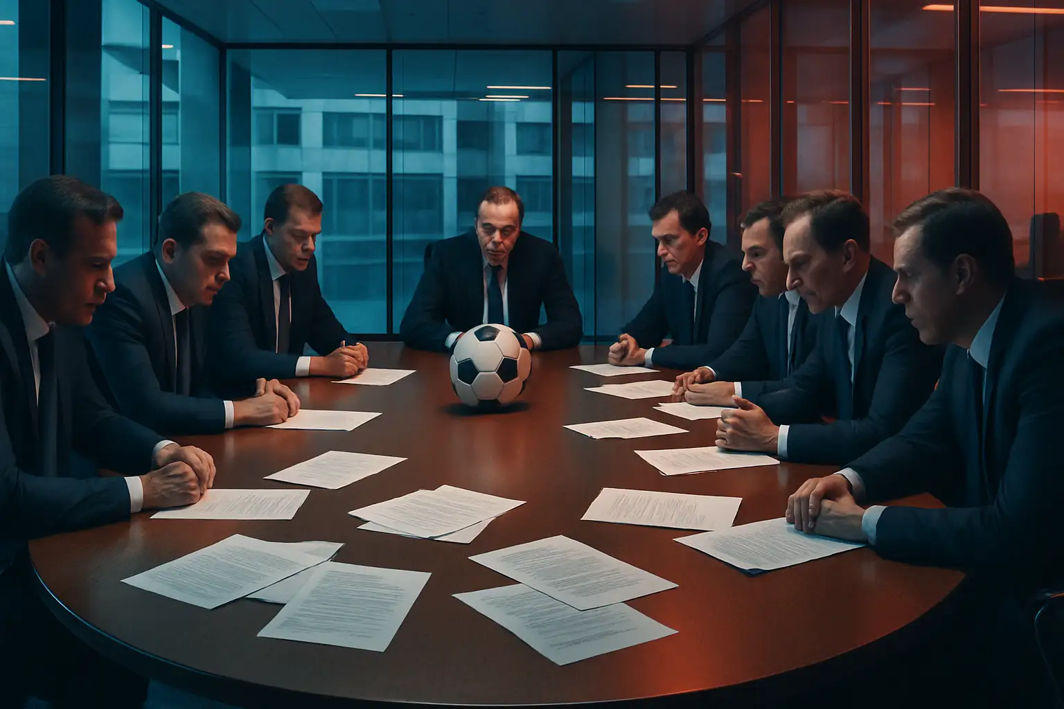 UEFA officials gathered around a conference table in an urgent meeting setting
