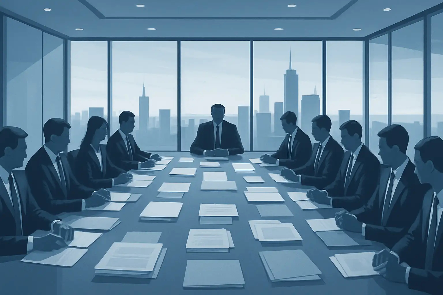 Football officials in a formal meeting room with documents on the table, symbolizing a governance inquiry