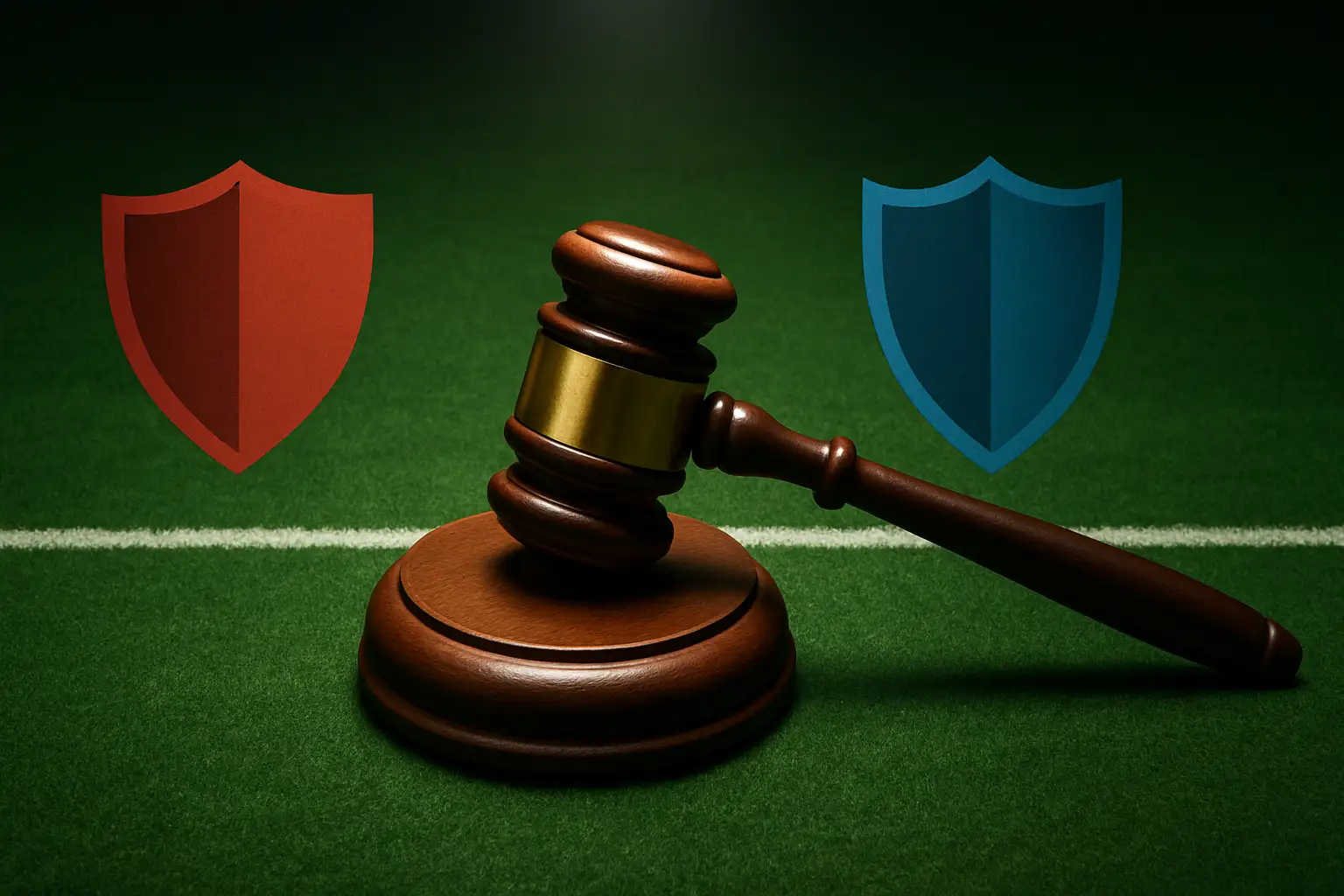 A gavel resting on a football pitch surface with two opposing team crests facing each other