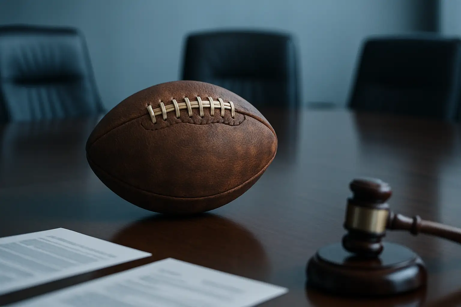 A football resting on a boardroom table with a gavel and documents in the background, symbolizing football governance and accountability