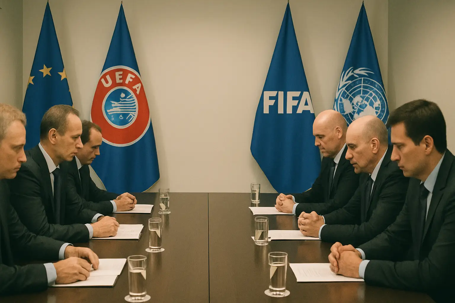 Football officials from European nations gathered around a conference table in a tense meeting