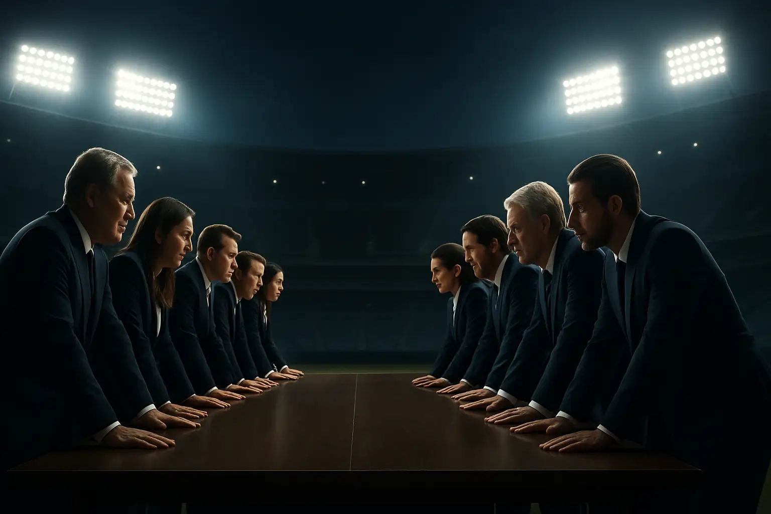 Football officials in a tense meeting with a large stadium in the background