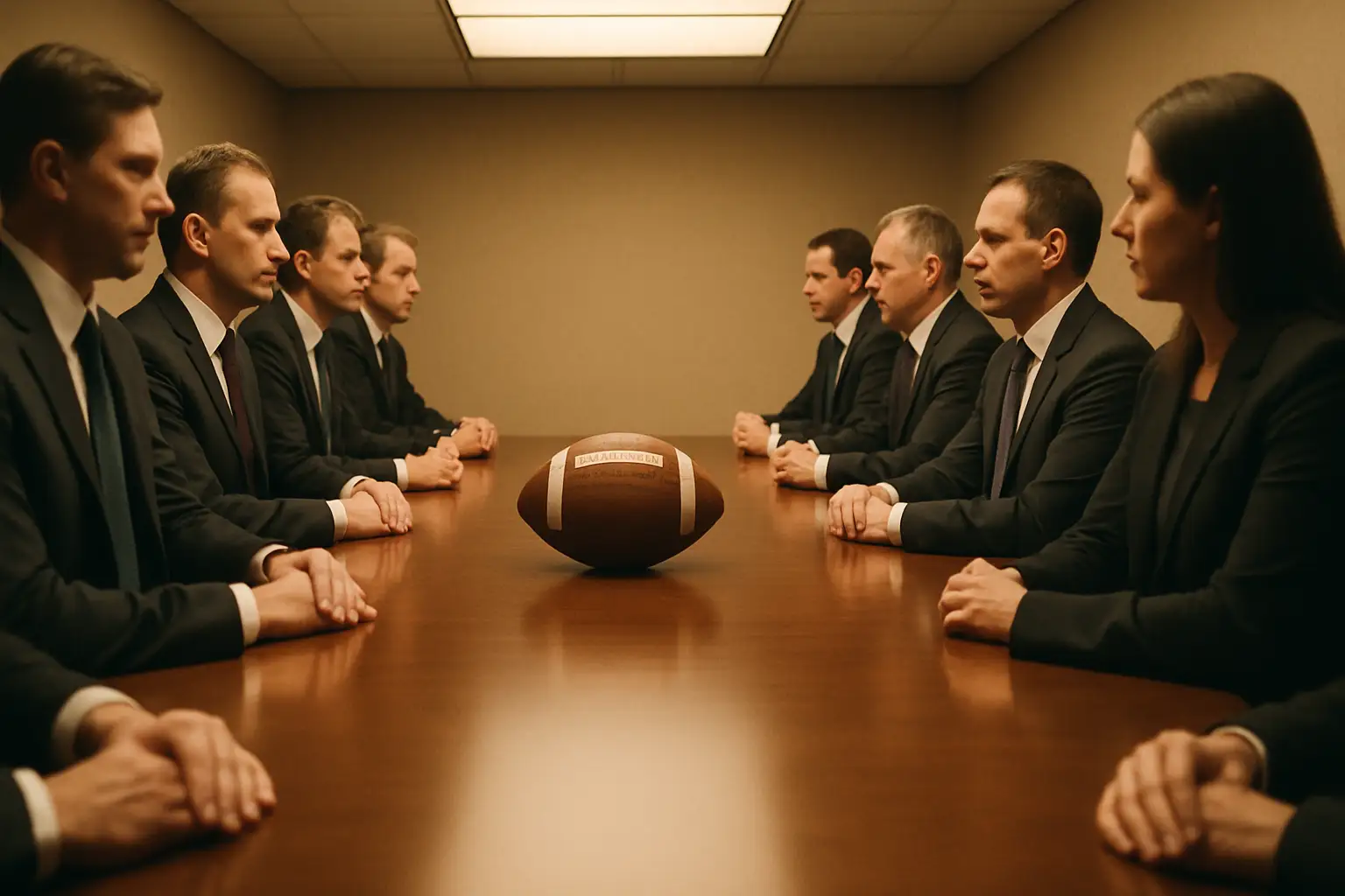 Football officials in formal suits facing each other across a negotiating table with a globe and football in the background