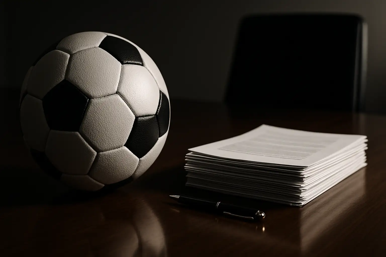 A football on a conference table surrounded by official documents and legal papers, symbolizing a dispute between football governing bodies