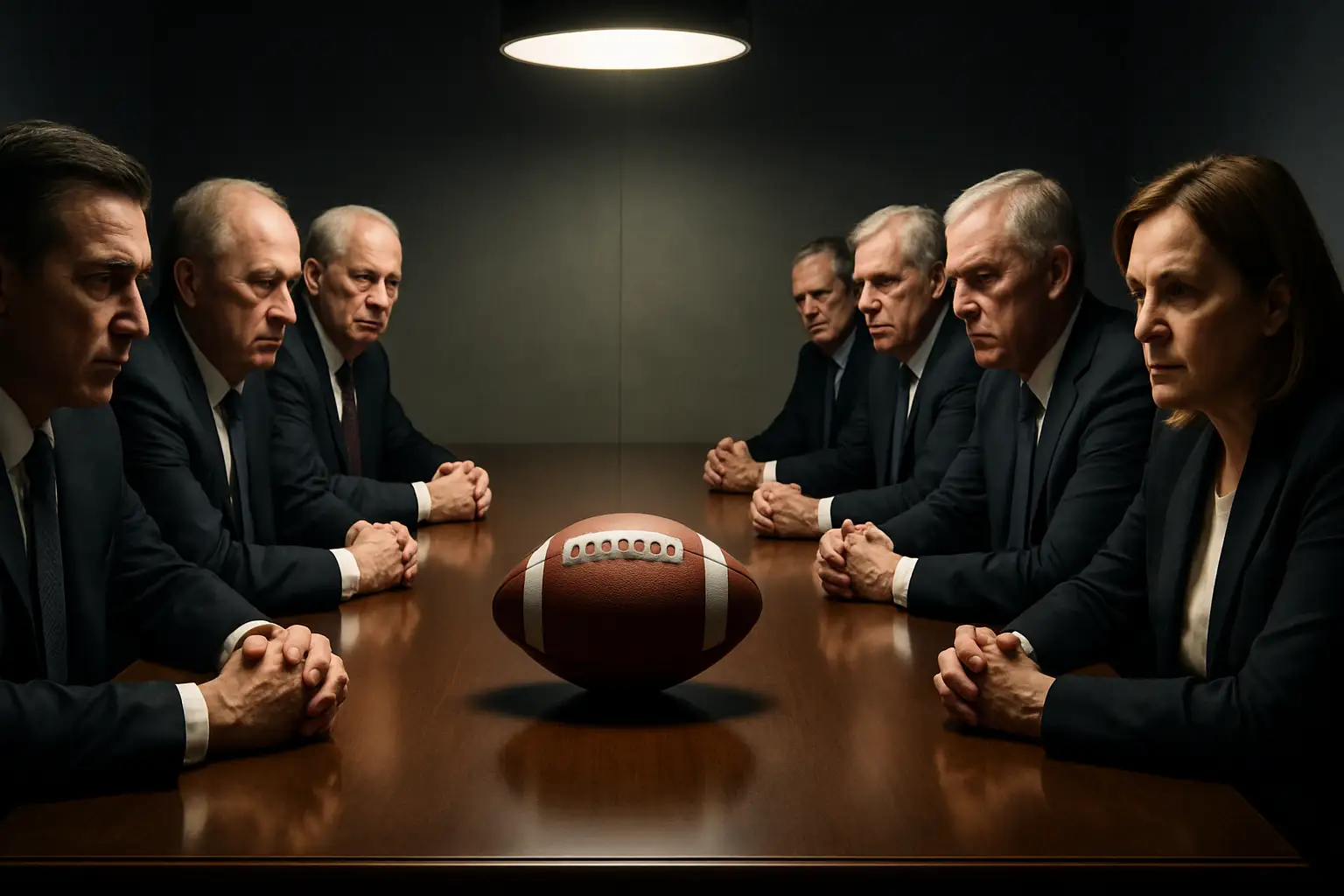 Football officials at a high-level meeting inside a modern conference room with football imagery in the background