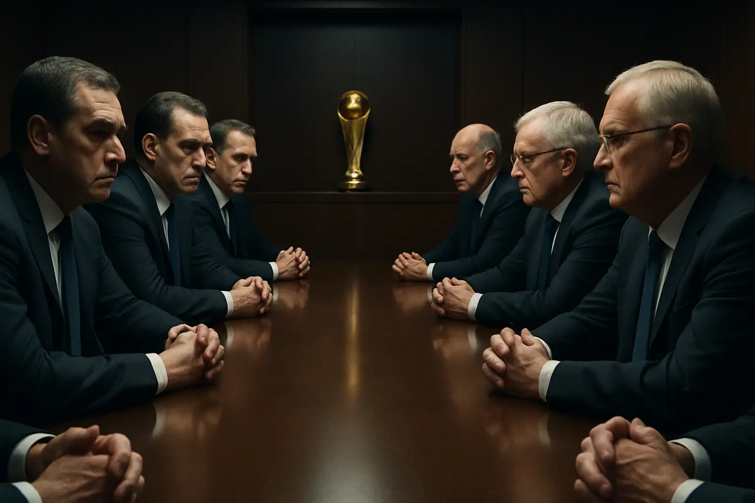 Football officials in a tense meeting room with a world cup trophy in the background