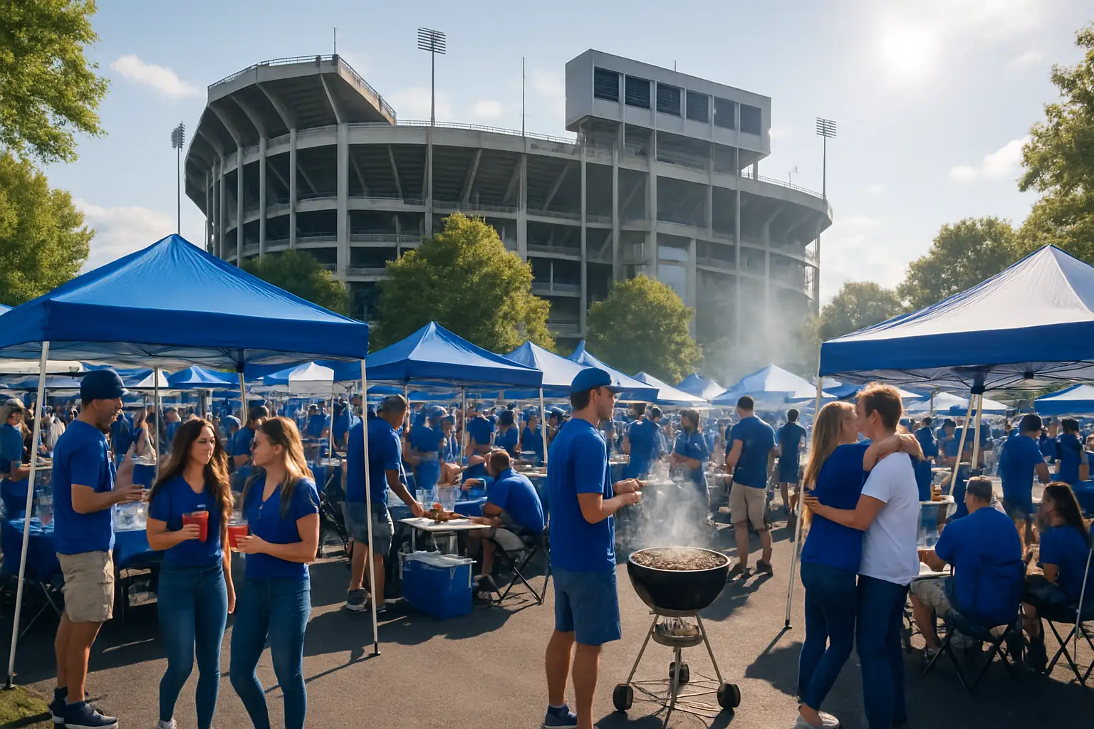 Kentucky Wildcats fans setting up tailgate tents and grills outside a college football stadium on a sunny day
