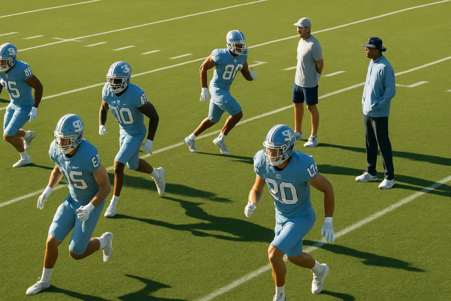 UNC Tar Heels football players competing in practice drills on a college football field