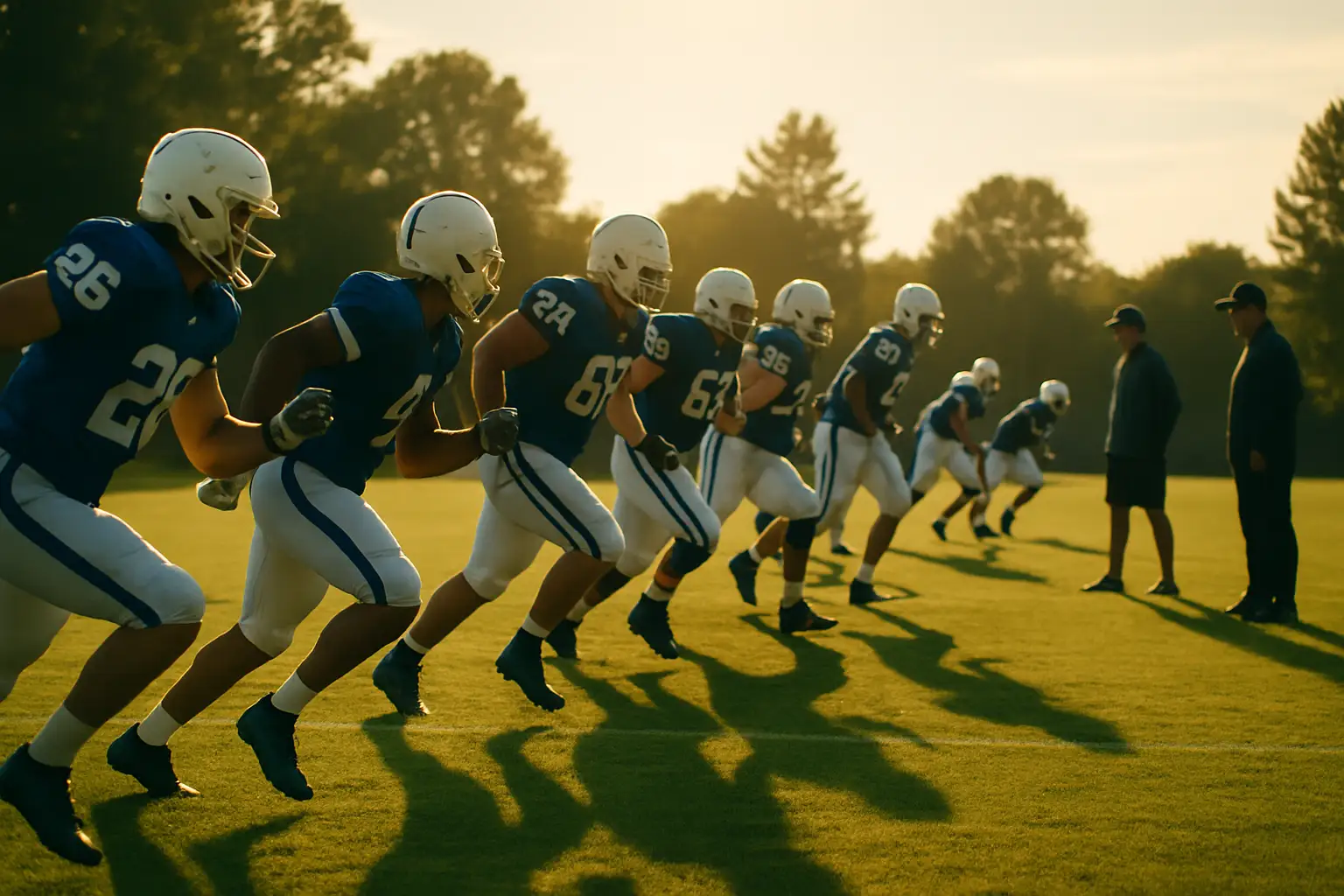 UNC Tar Heels football players in helmets during a preseason practice session