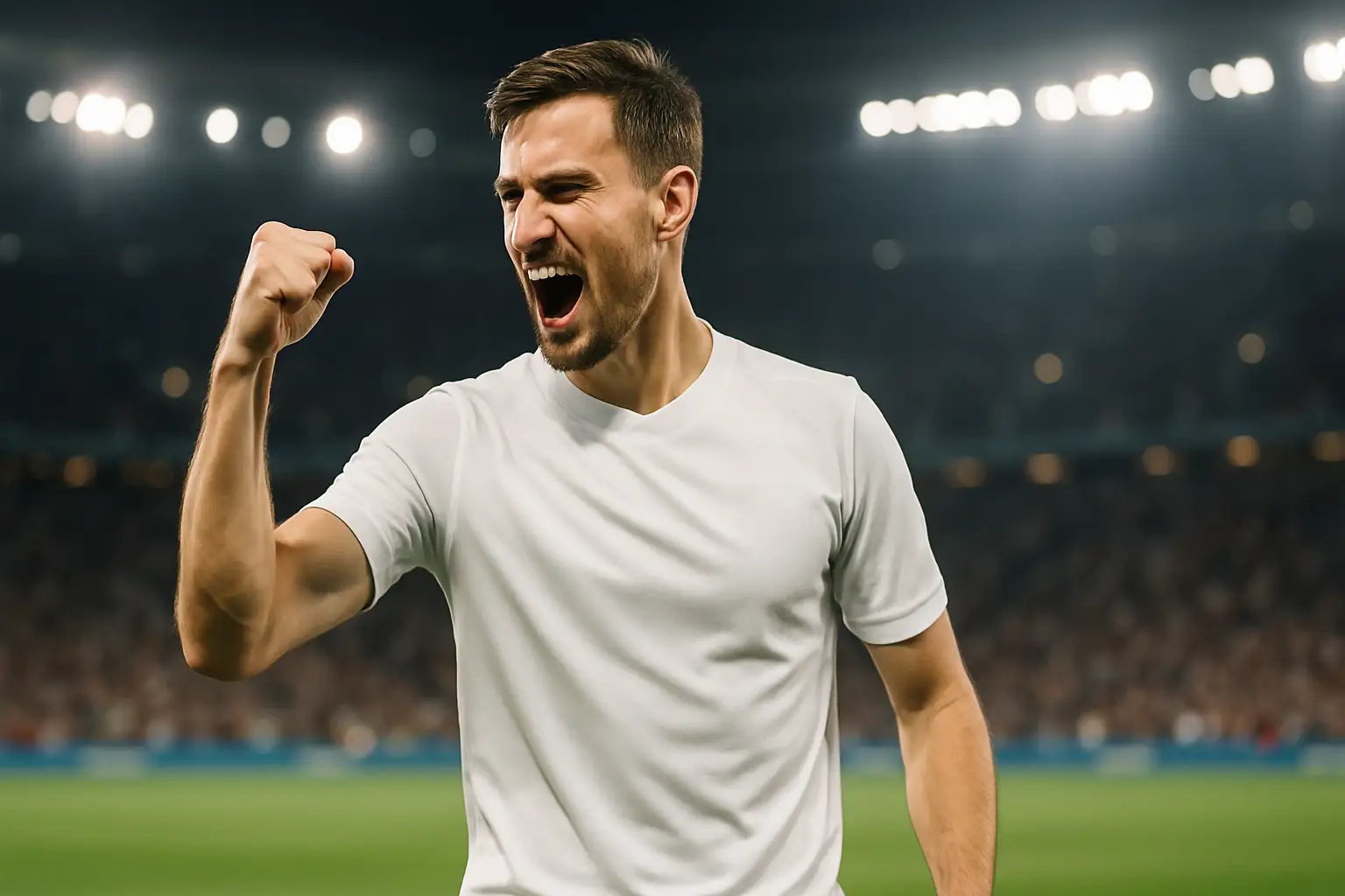 A football player in a white jersey celebrating a goal on an international pitch at night
