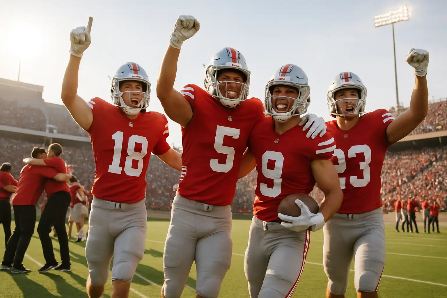 UNLV football players celebrating on the field after a strong conference season