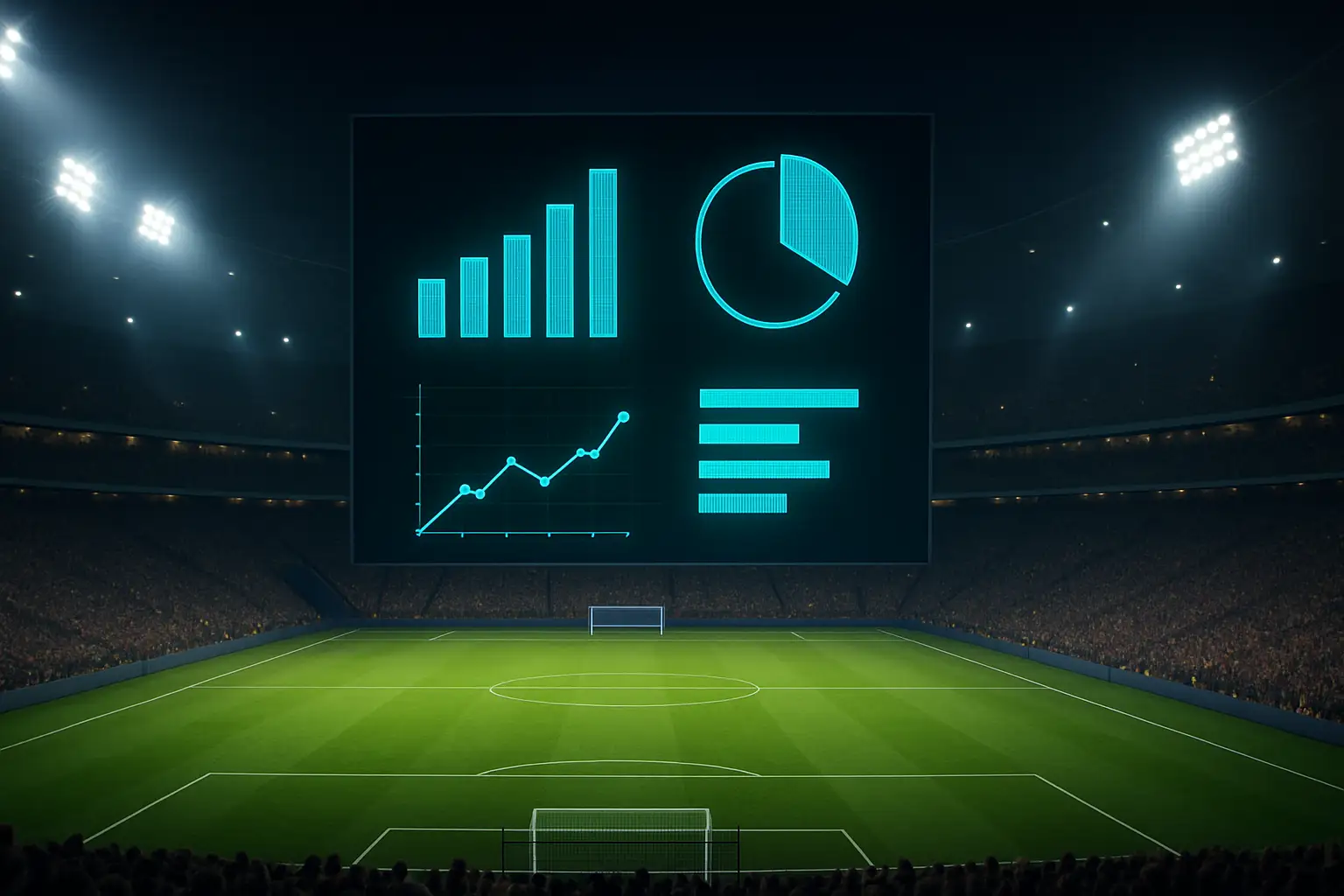 Football stadium with live match statistics displayed on a large screen during a World Cup fixture