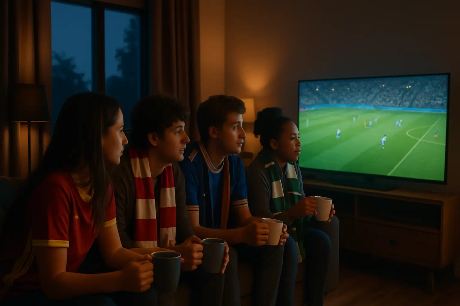 A group of football fans watching a match on a large screen in a darkened room early in the morning