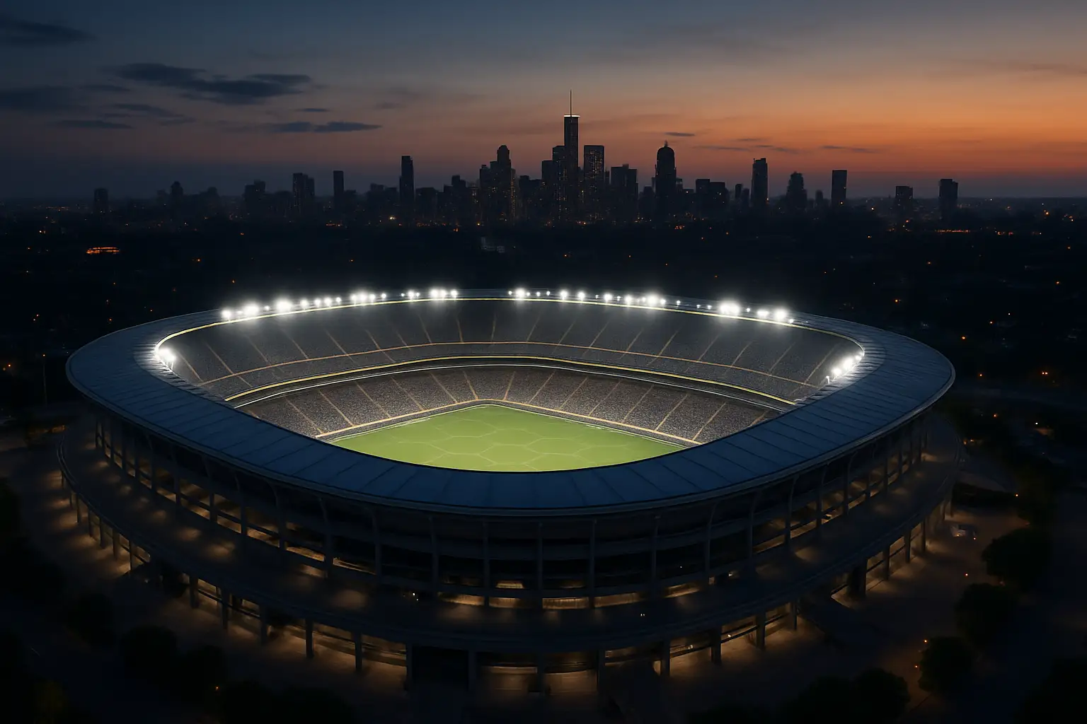 A packed American football stadium lit up at night ready for a World Cup match