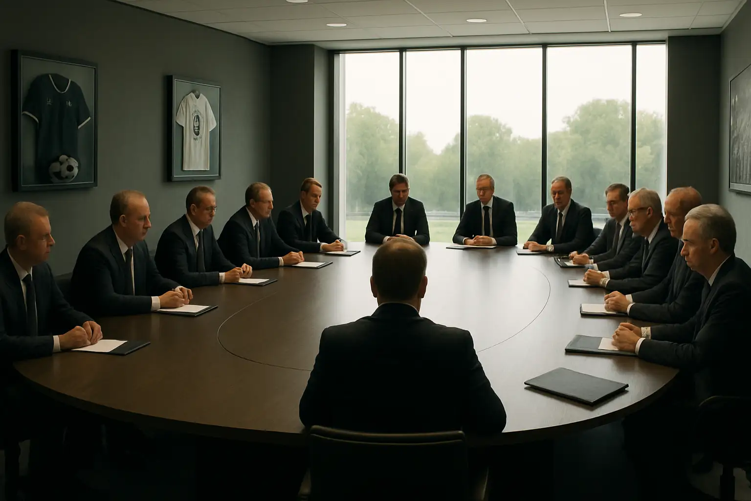 Soccer officials in a conference room reviewing documents related to a major international tournament commercial deal