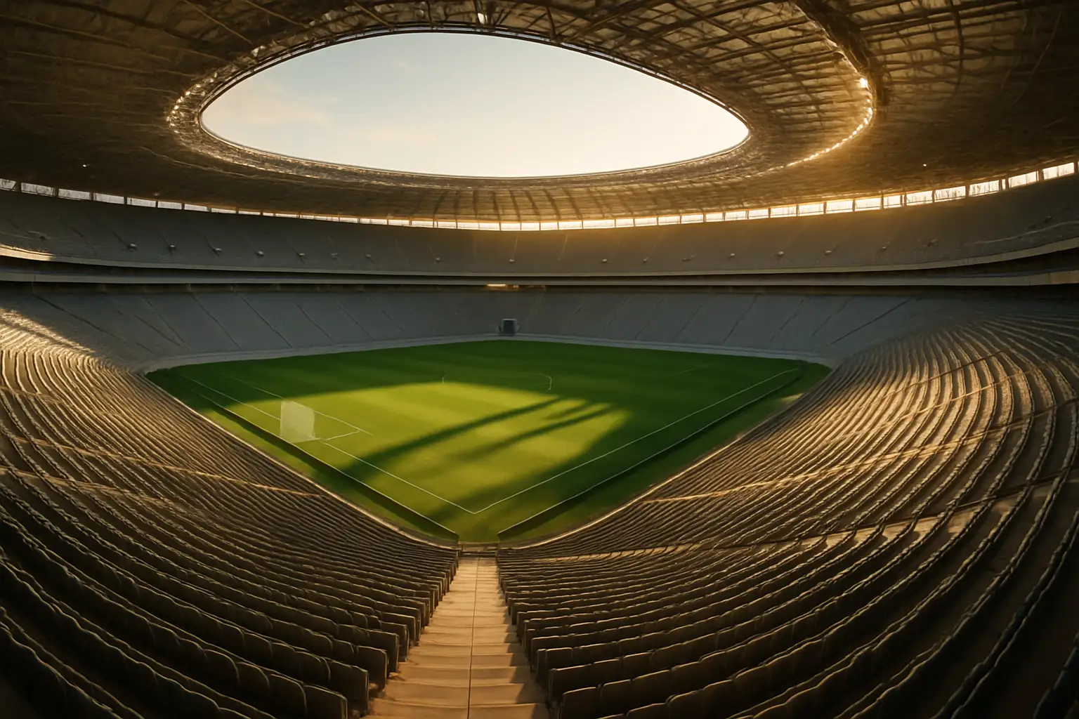 An empty large American football stadium prepared for a major international soccer tournament