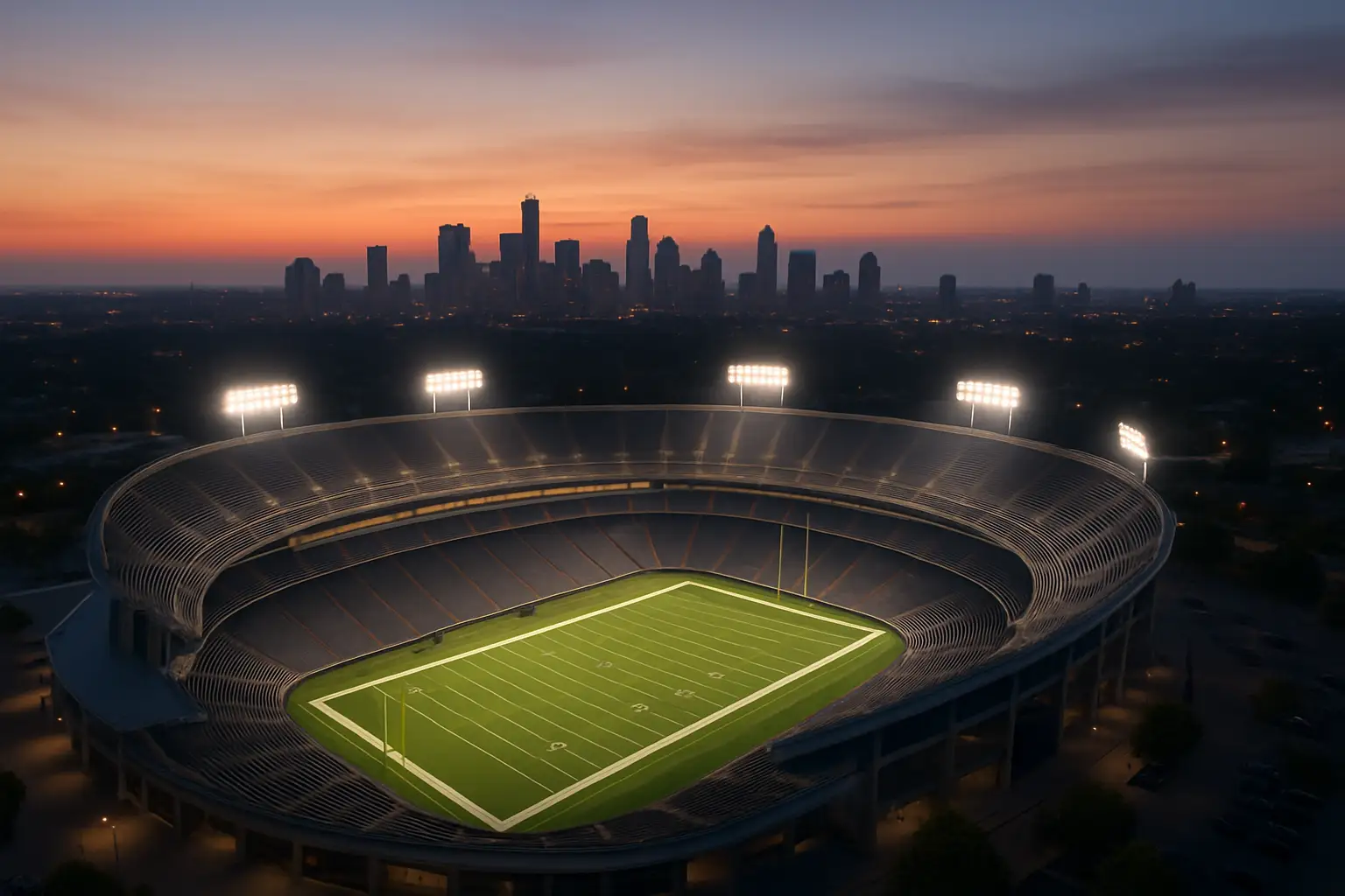 An aerial view of a large soccer stadium in an American city surrounded by urban infrastructure