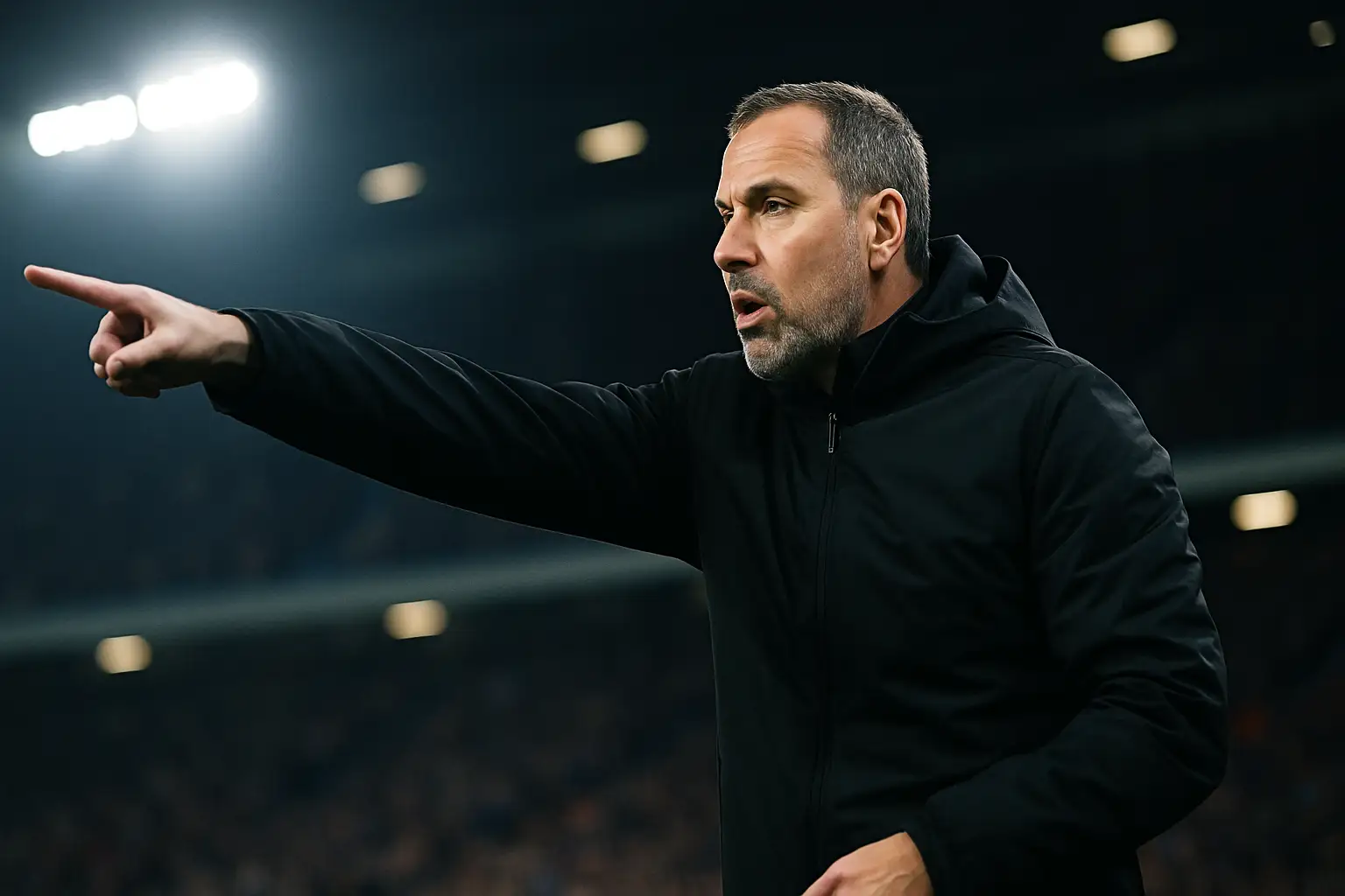 A football coach gesturing emphatically on the sideline of a packed international stadium at night