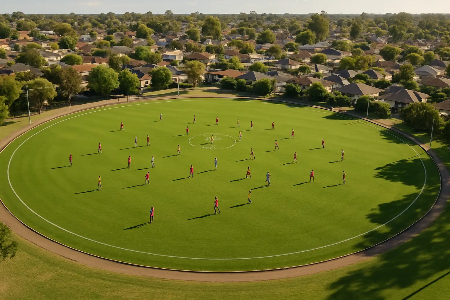 Aerial view of an Australian rules football match on an oval ground surrounded by community spectators