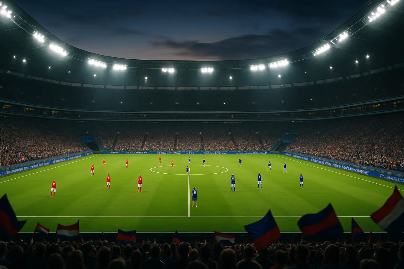 Soccer players competing on a large stadium pitch with colorful crowd in the background