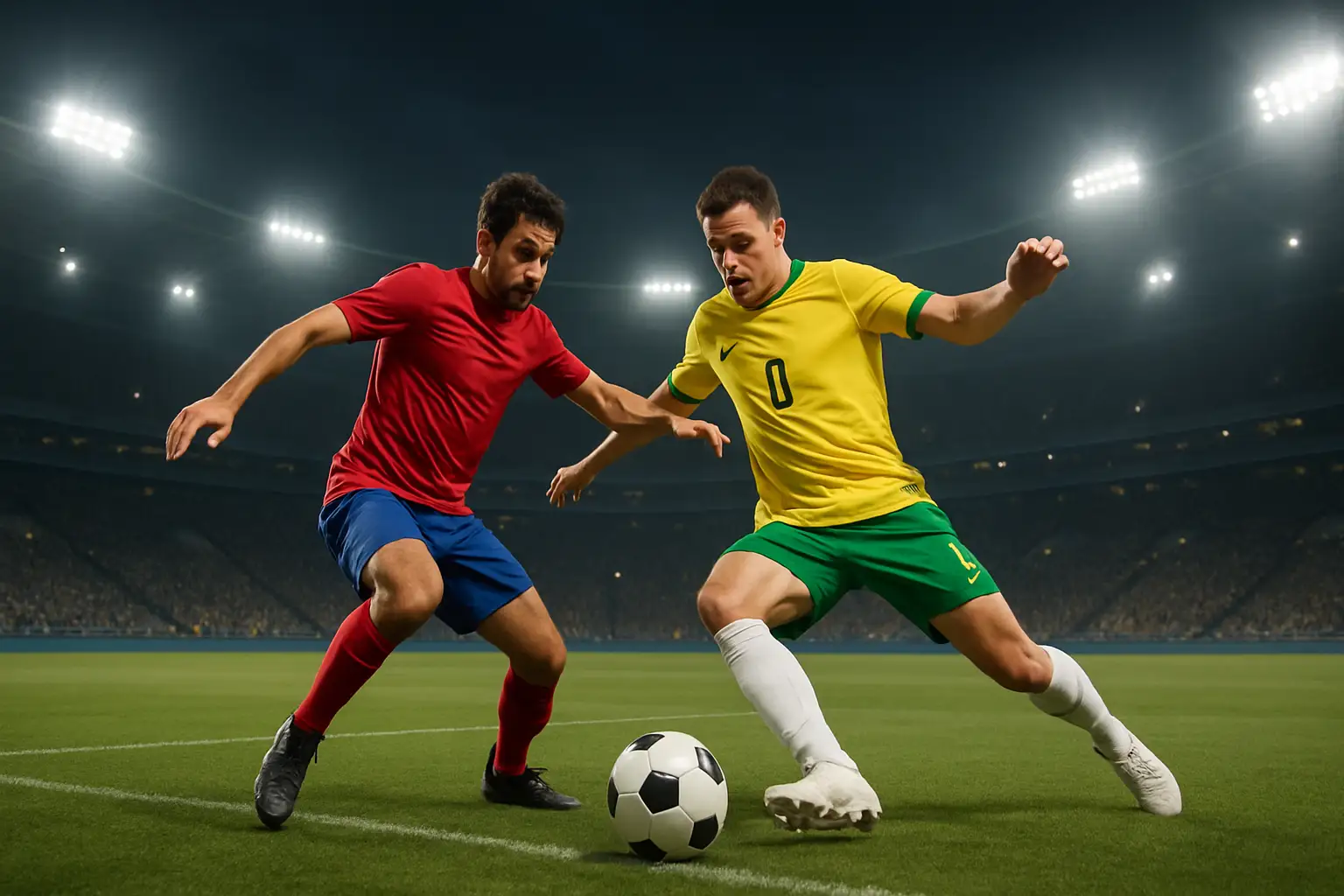 Soccer players from two national teams competing on a green pitch under stadium floodlights