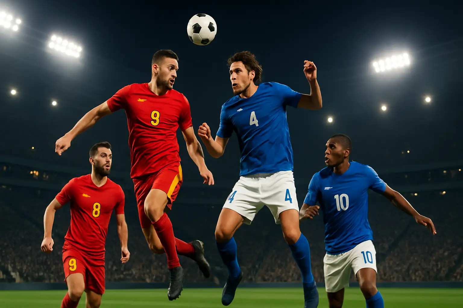 Football players from two national teams competing on a World Cup pitch under stadium lights