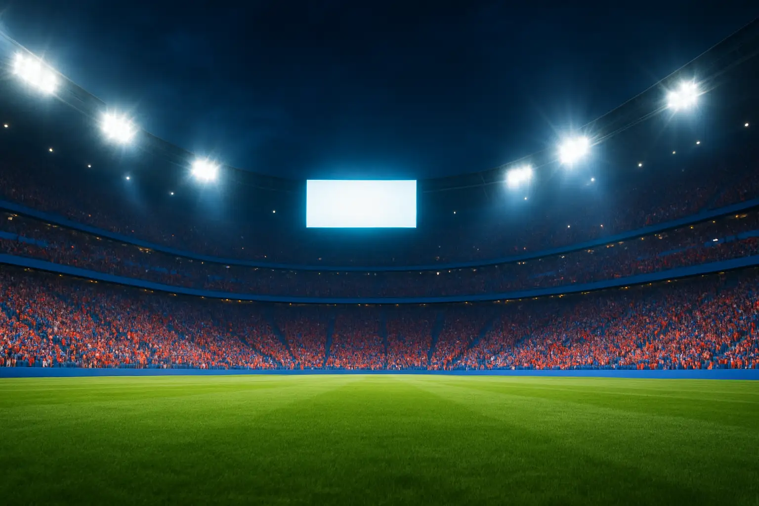 Football fans watching a World Cup match on a large screen in a packed stadium